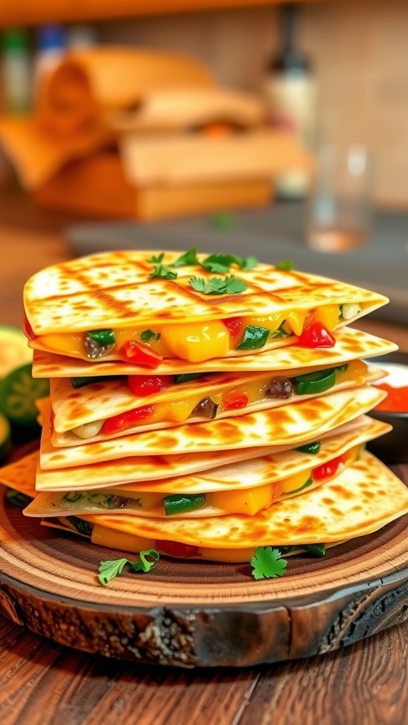 Golden quesadillas filled with cheese and vegetables, served with salsa and sour cream on a wooden plate.
